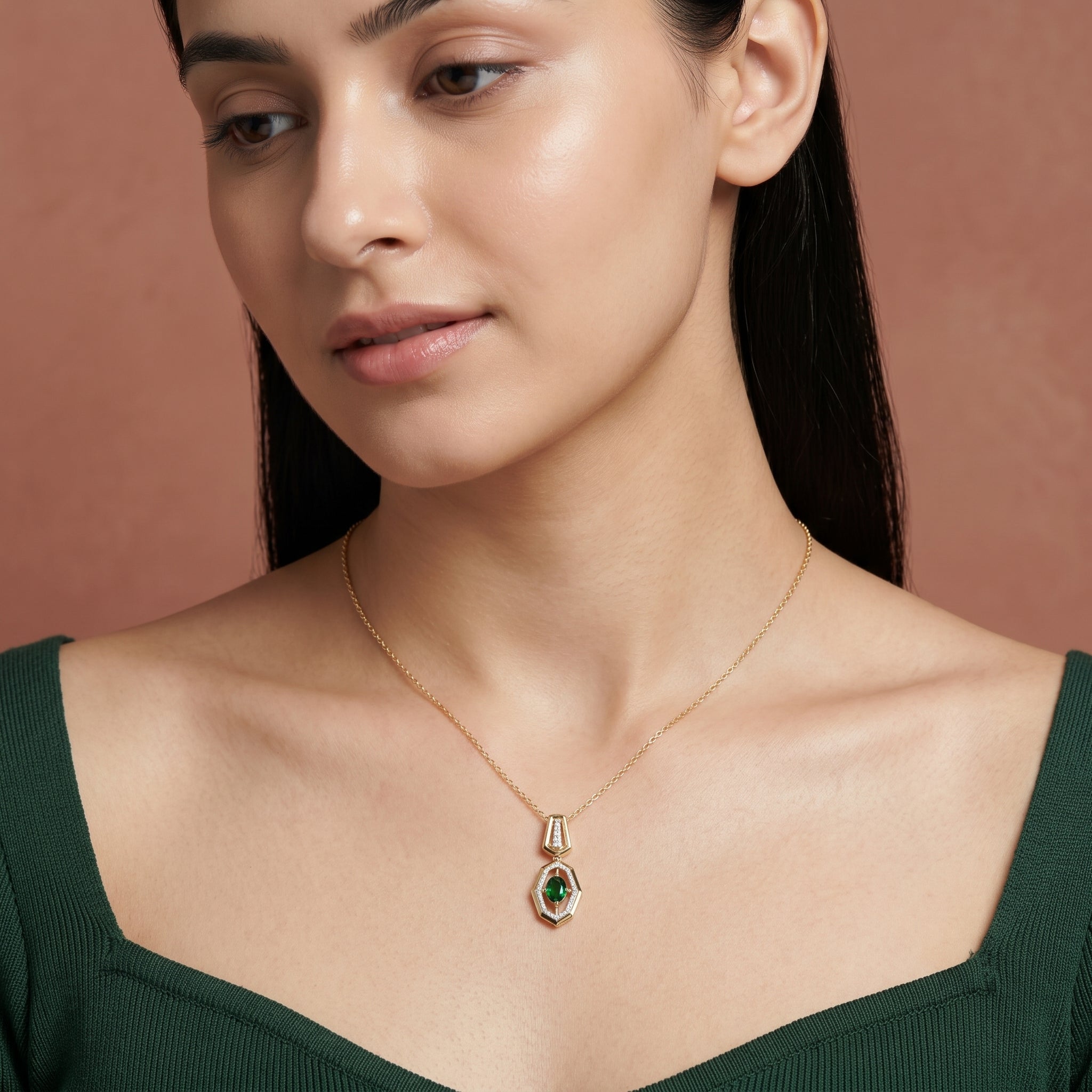 Gold Emerald Hexagon Pendant