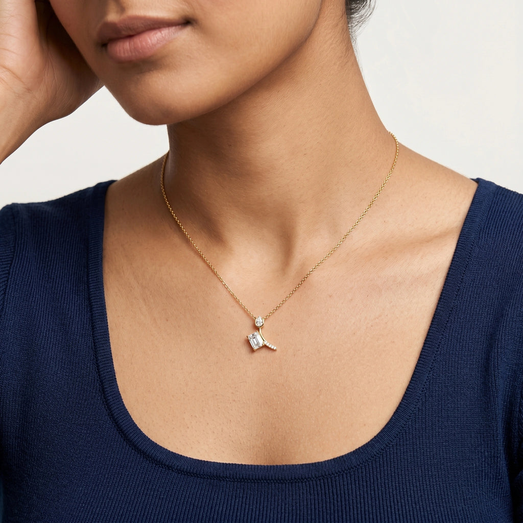 Gold Offset Emerald CZ Drop Pendant