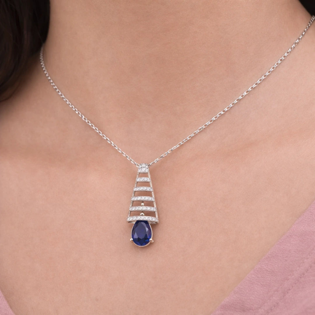 Silver Sapphire Cascade CZ Pendant