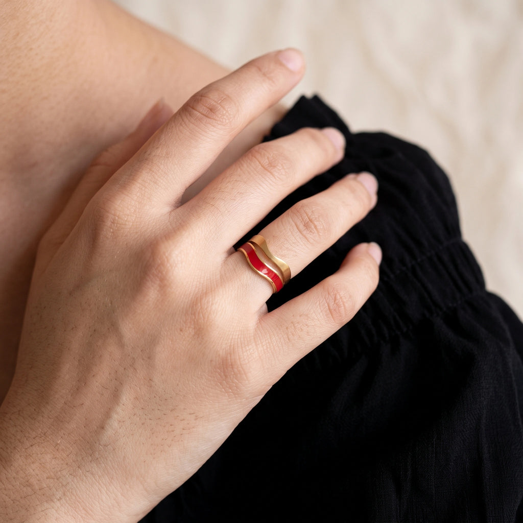 Gold Red Wave Band Ring