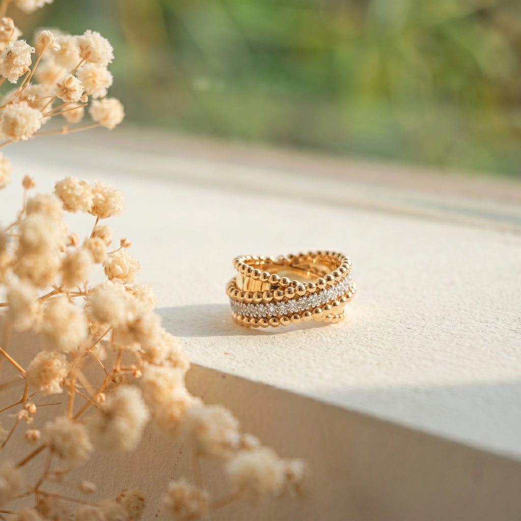 Gold Beaded Crisscross Ring