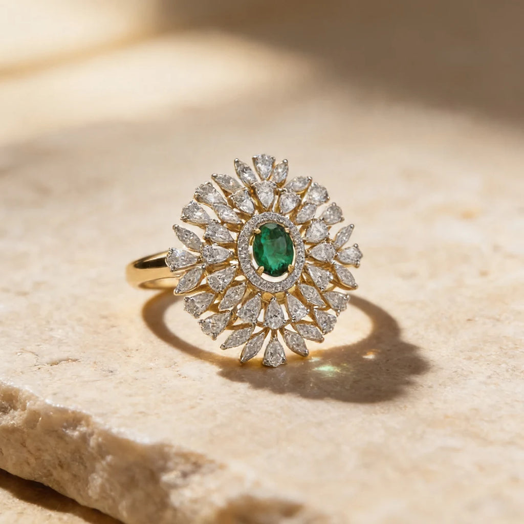 Gold Green Oval Floral Halo Ring