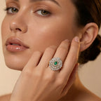 Gold Green Oval Floral Halo Ring