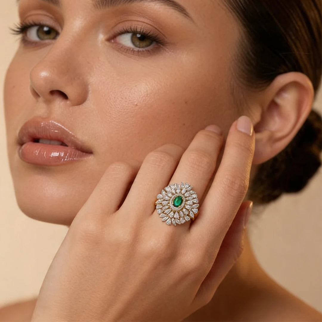 Gold Green Oval Floral Halo Ring