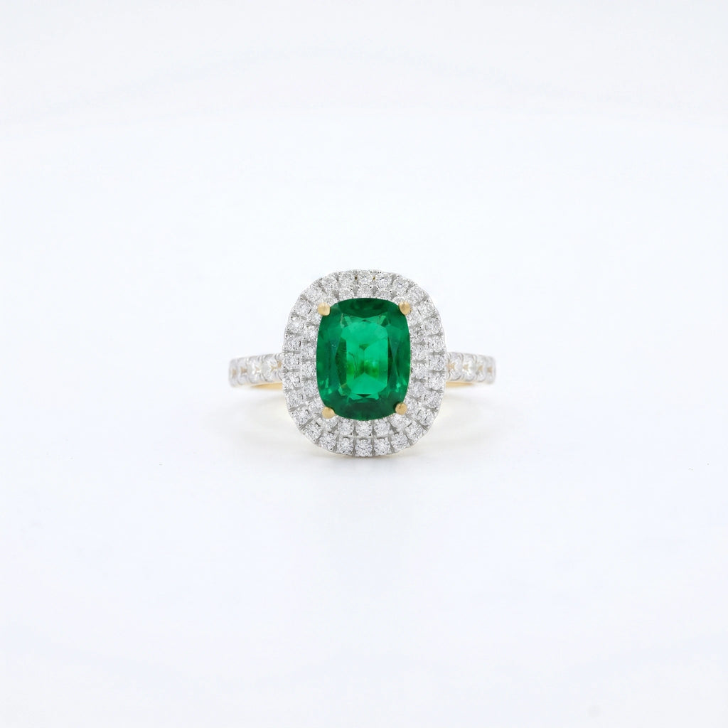 Silver Emerald Cushion Halo Ring