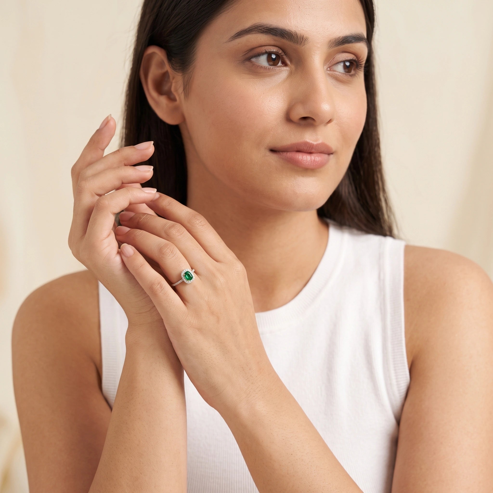 Silver Emerald Cushion Halo Ring
