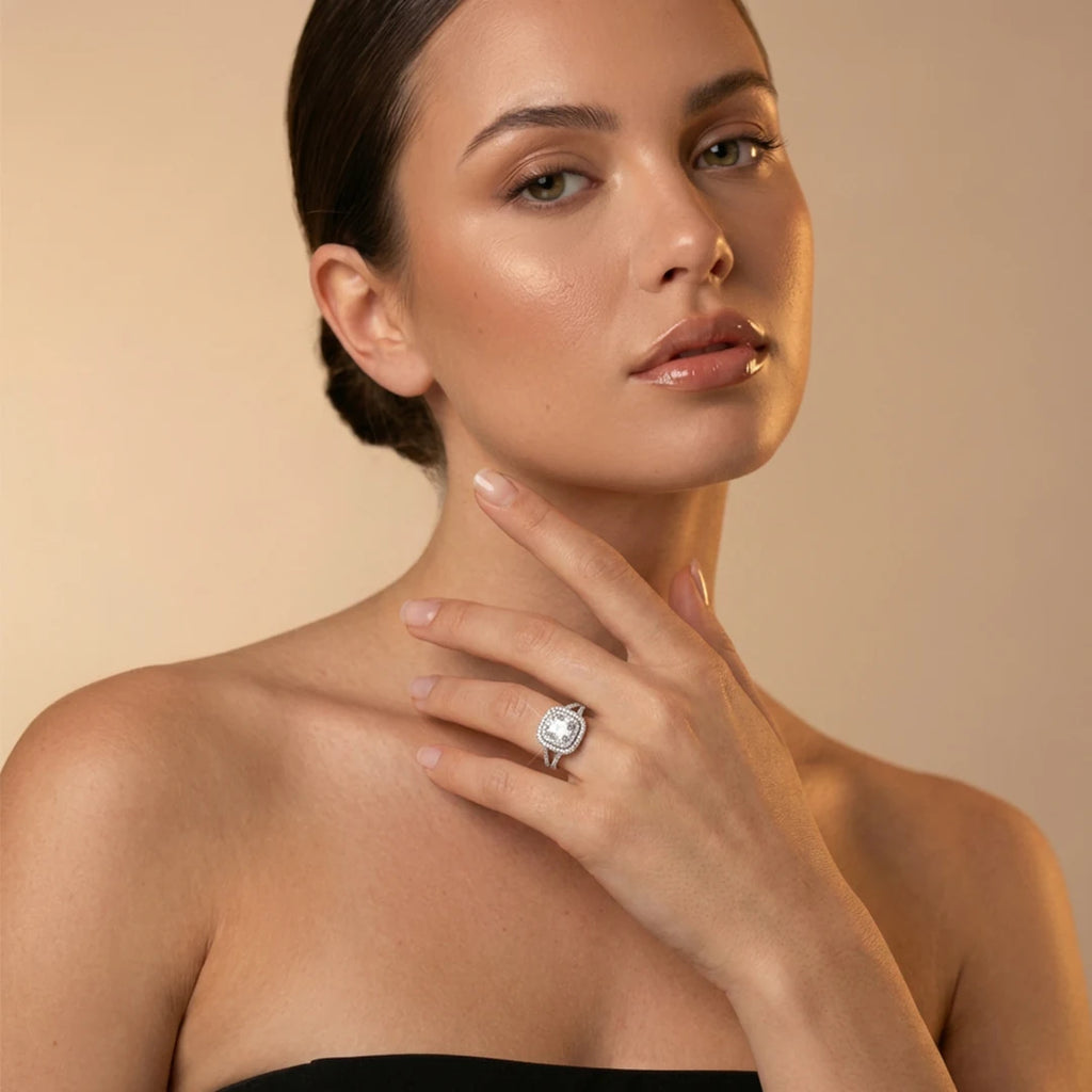 Silver Split Shank Cushion Halo Ring