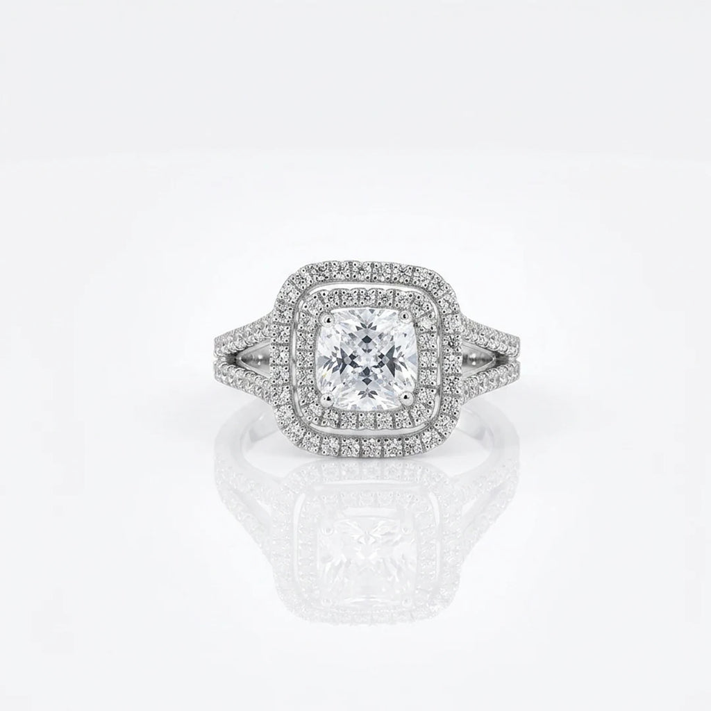 Silver Split Shank Cushion Halo Ring