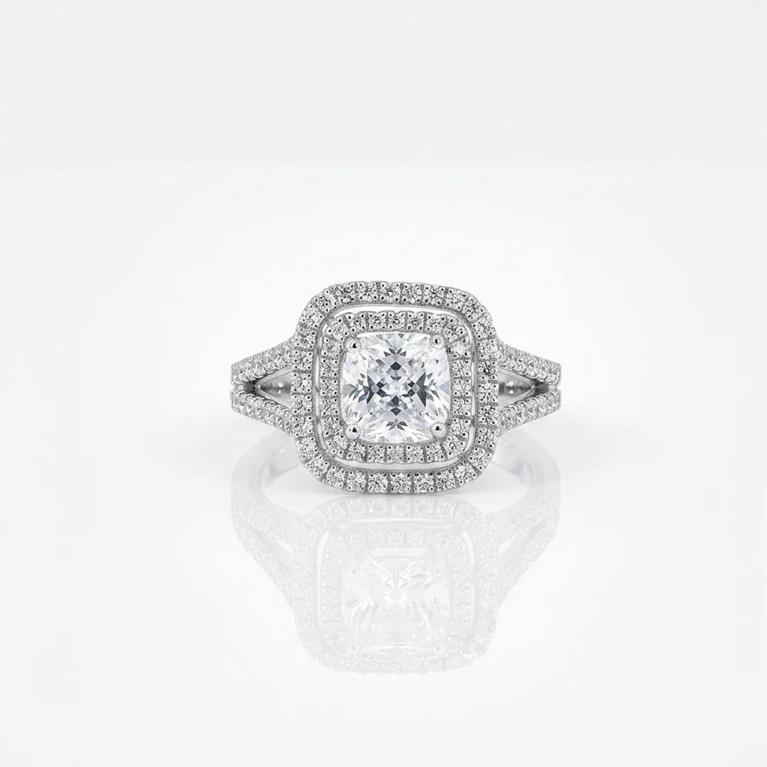 Silver Split Shank Cushion Halo Ring