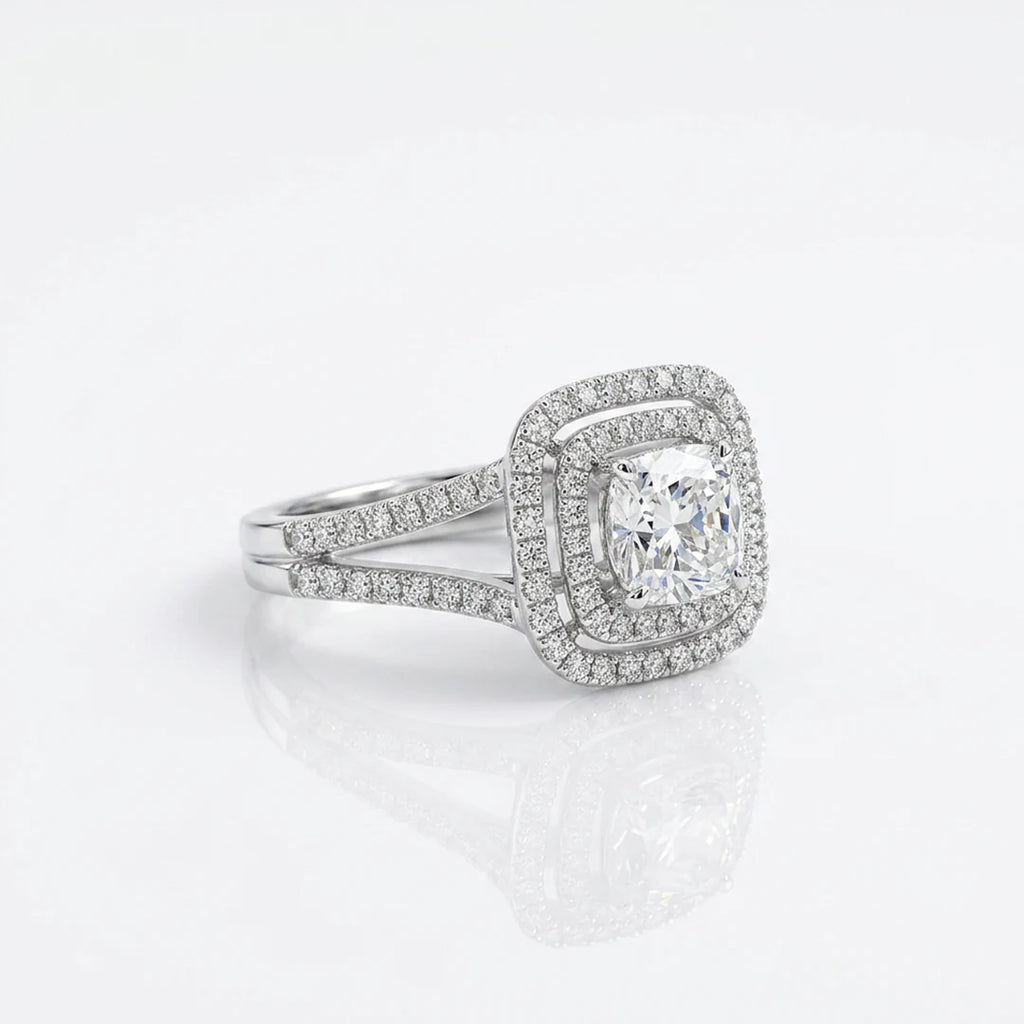 Silver Split Shank Cushion Halo Ring