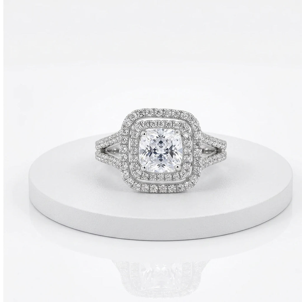 Silver Split Shank Cushion Halo Ring