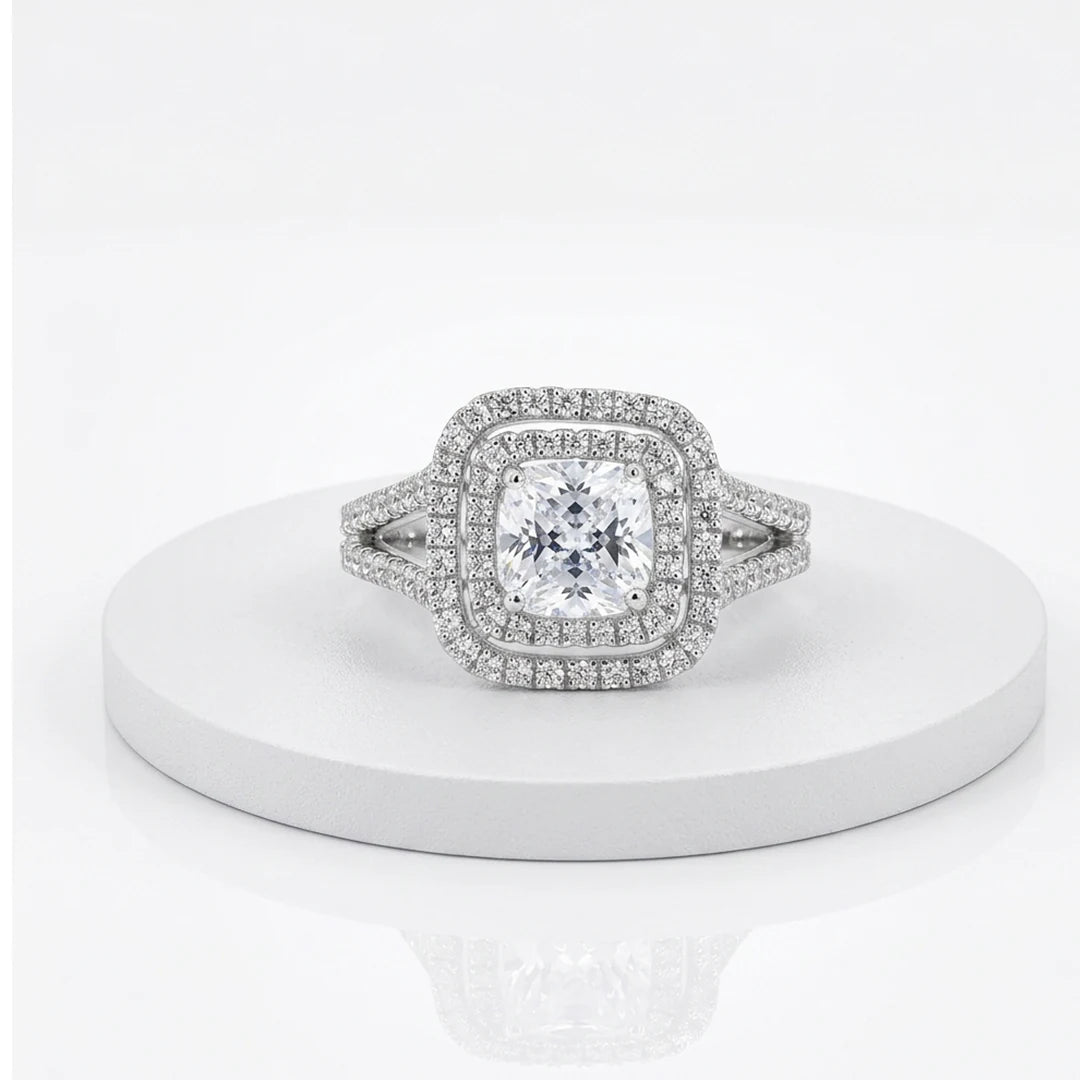 Silver Split Shank Cushion Halo Ring