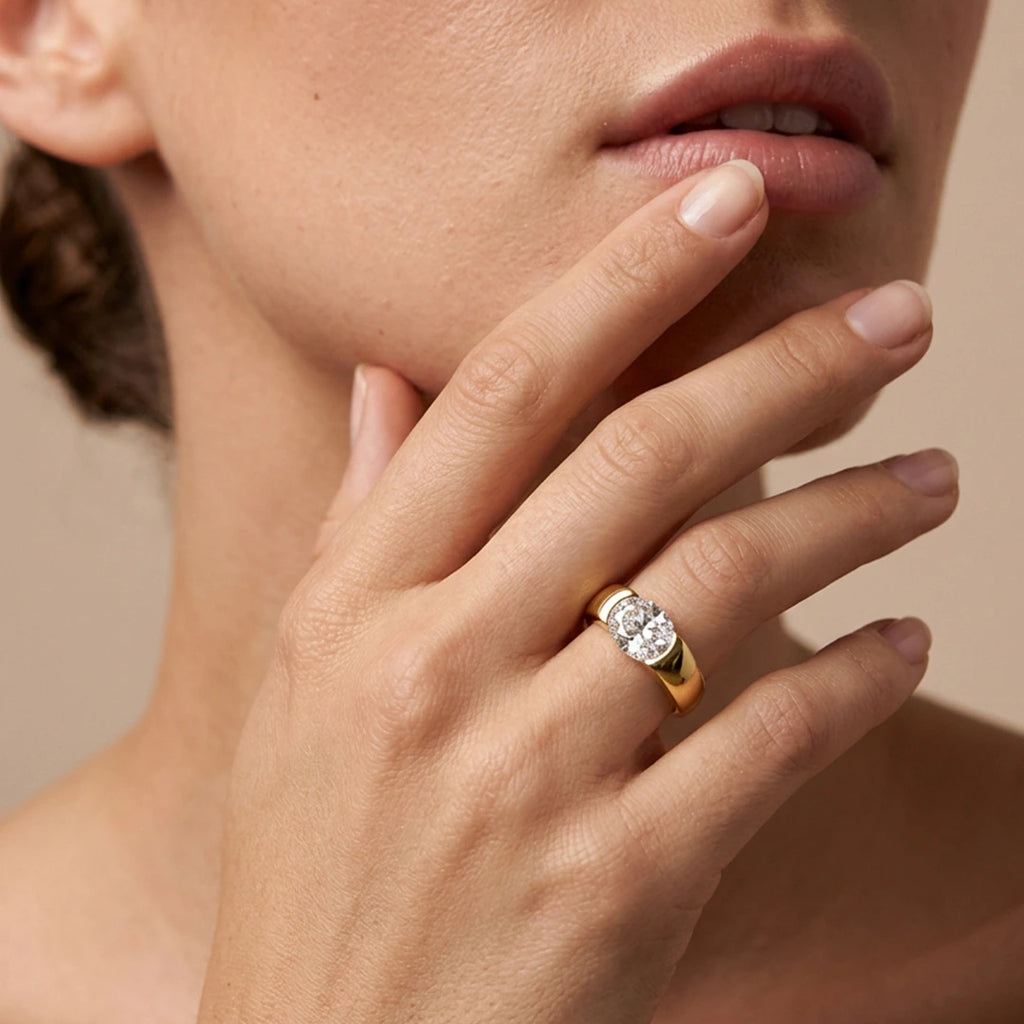 Gold Dome Set Round Simulated Diamond Ring