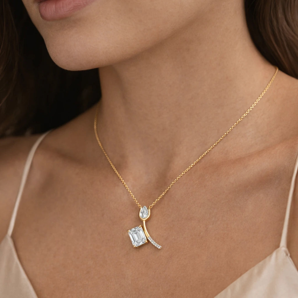 Gold Offset Emerald CZ Drop Pendant