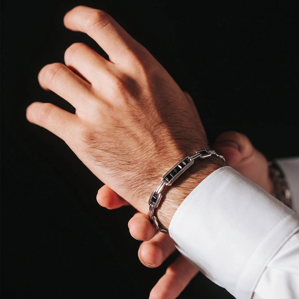 Silver Black Bar Link Bracelet