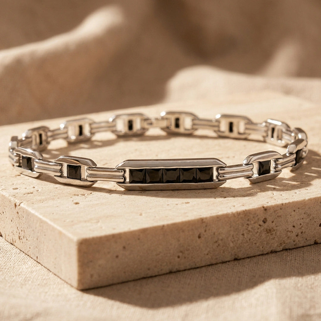 Silver Black Bar Link Bracelet