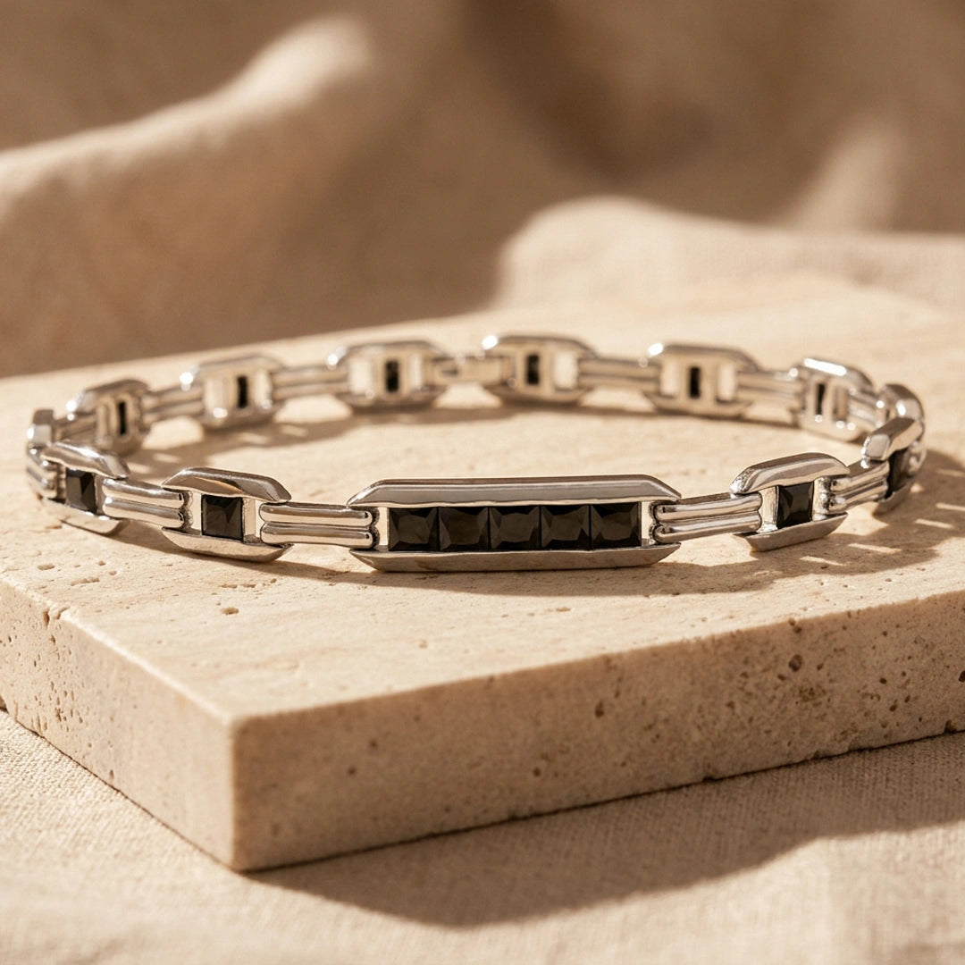 Silver Black Bar Link Bracelet