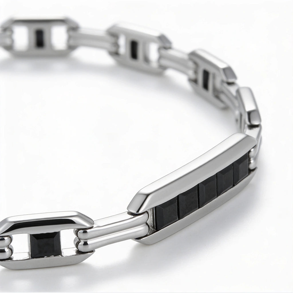 Silver Black Bar Link Bracelet