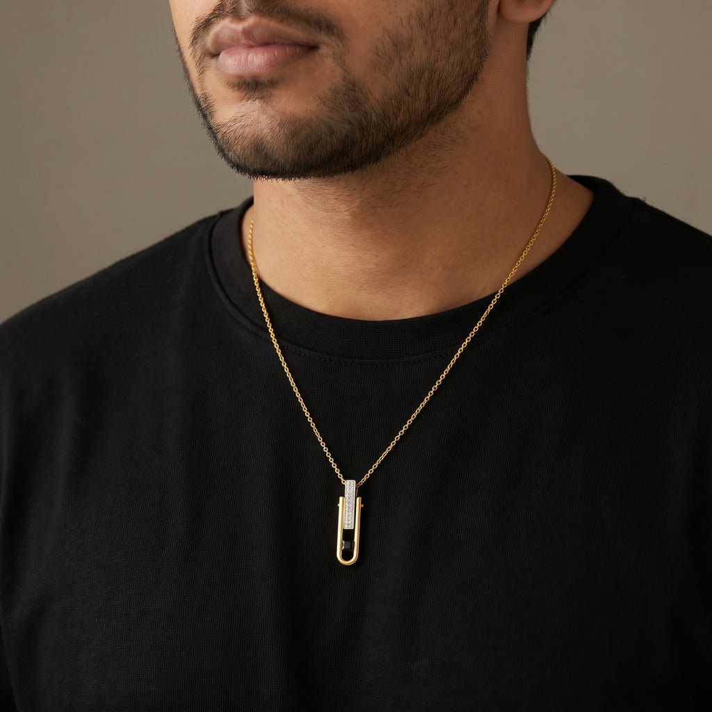 Dual Edge Black Stone 18KT Gold Plated Pendant