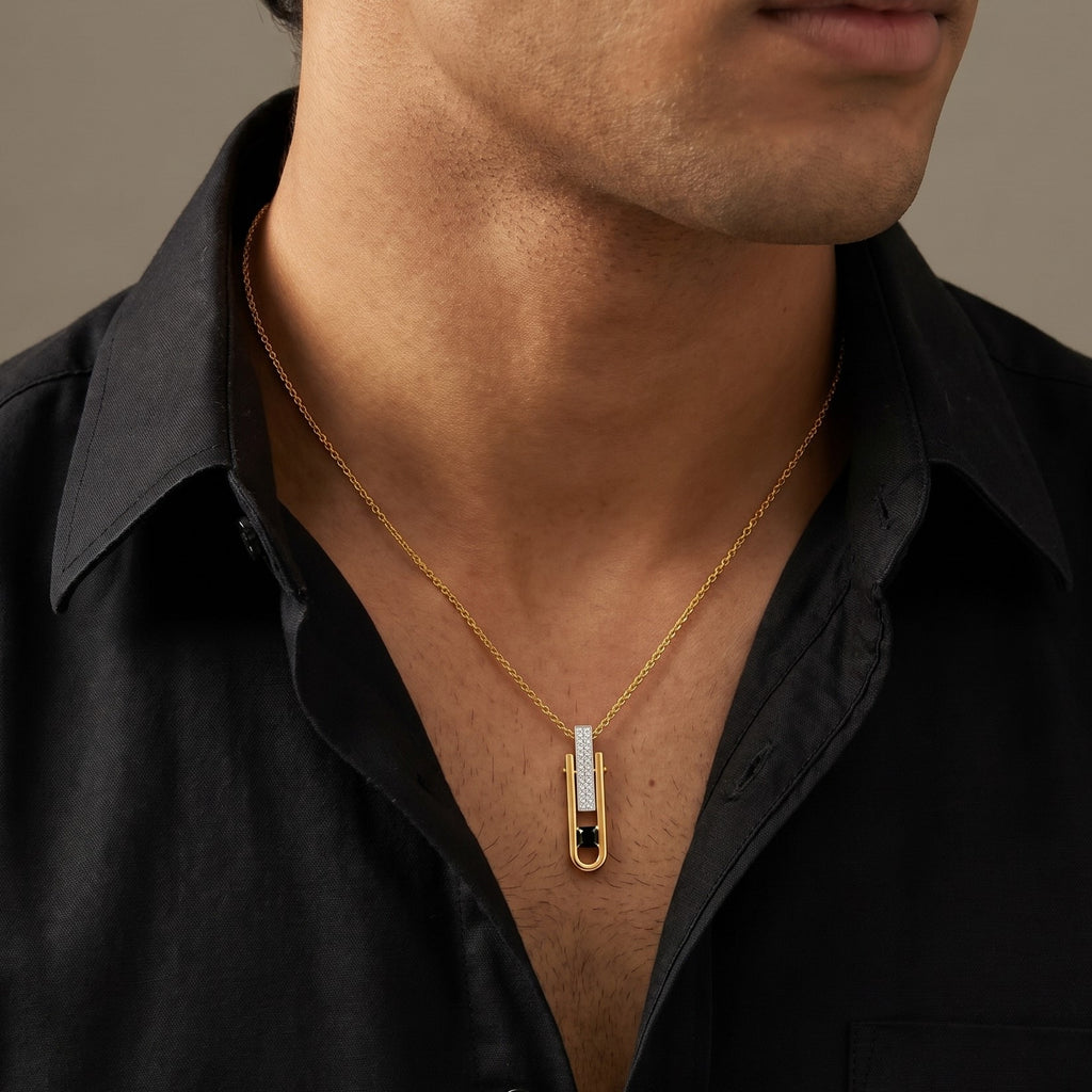 Dual Edge Black Stone 18KT Gold Plated Pendant
