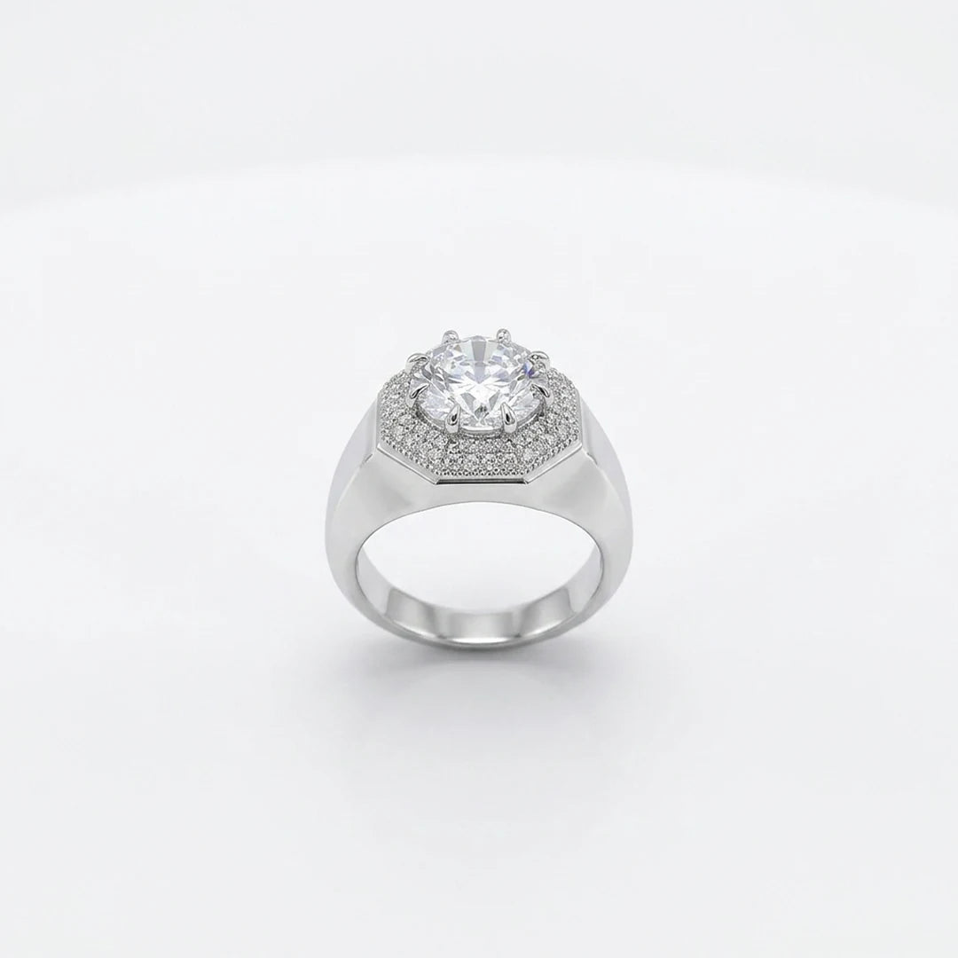 Silver Octagon Halo Signet Ring