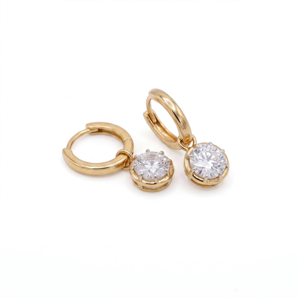 Gold Solitaire Drop Hoop Earrings
