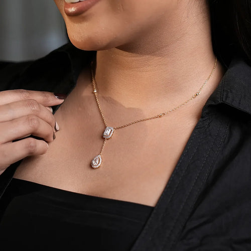 Emerald Drop Halo Y-Necklace in 18KT Gold Plated