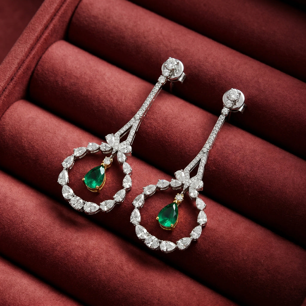 Silver Emerald Halo Drop Earrings