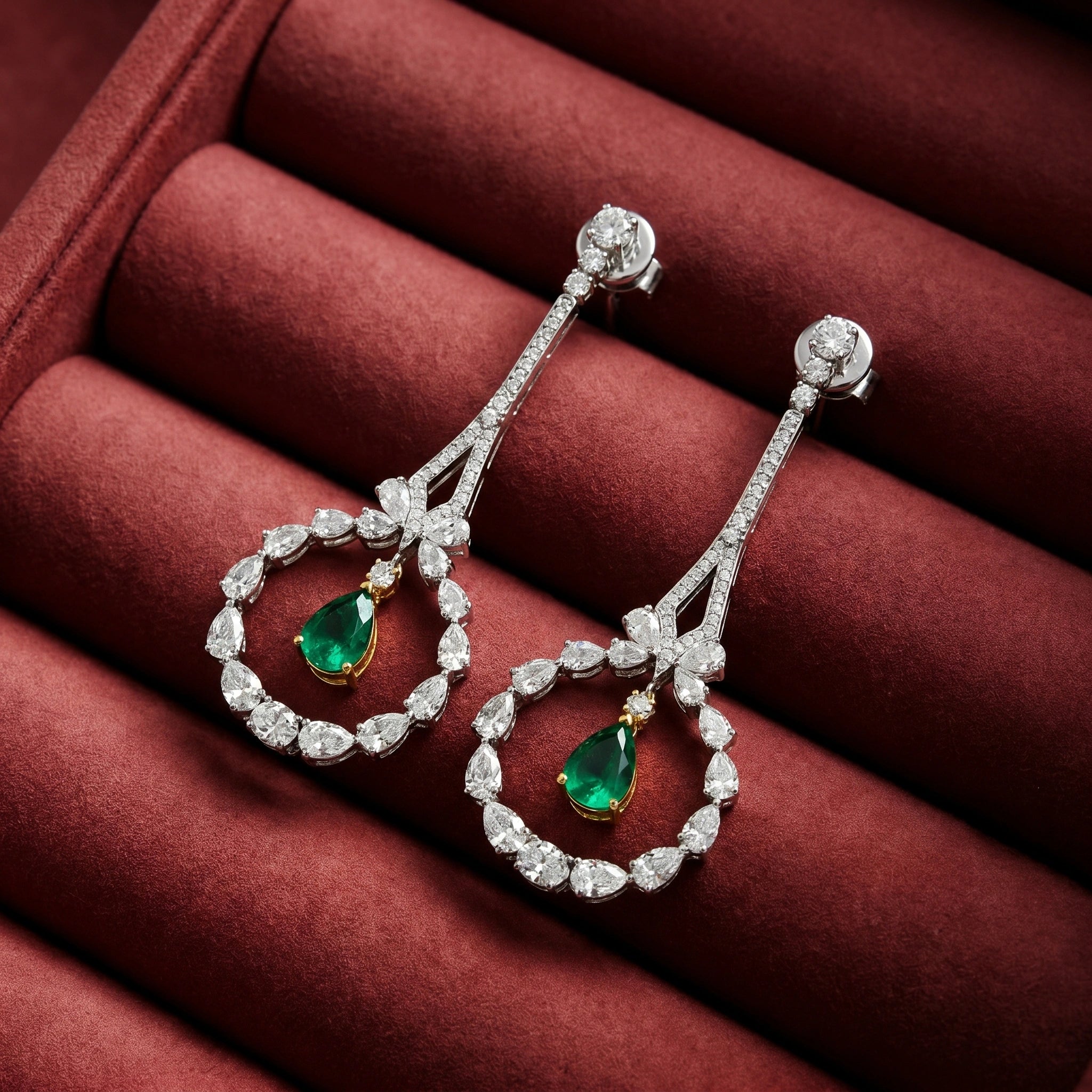 Silver Emerald Halo Drop Earrings