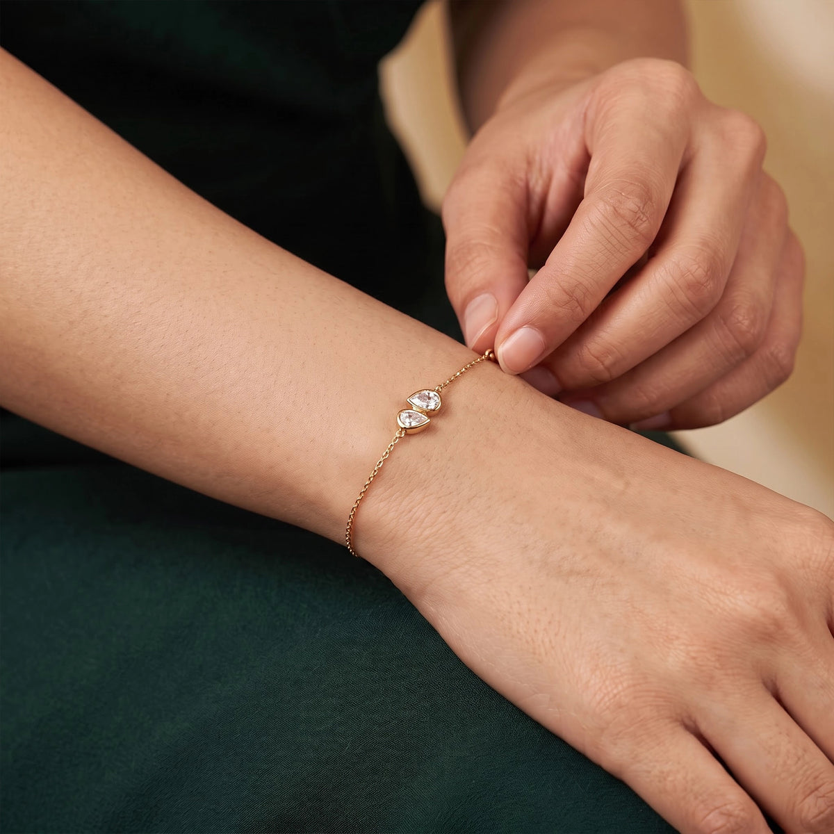 Gold Dual Pear Stone Chain Bracelet
