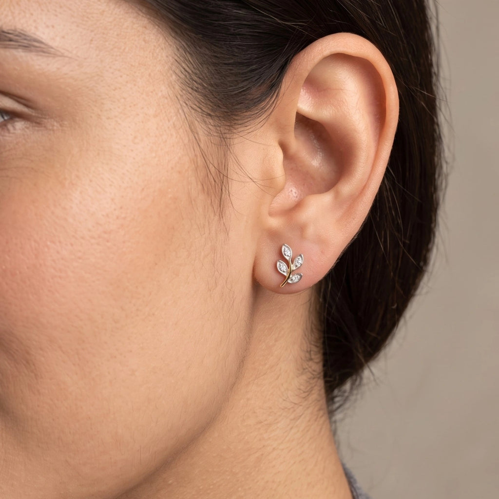 Gold Leaf Sprig Stud Earrings