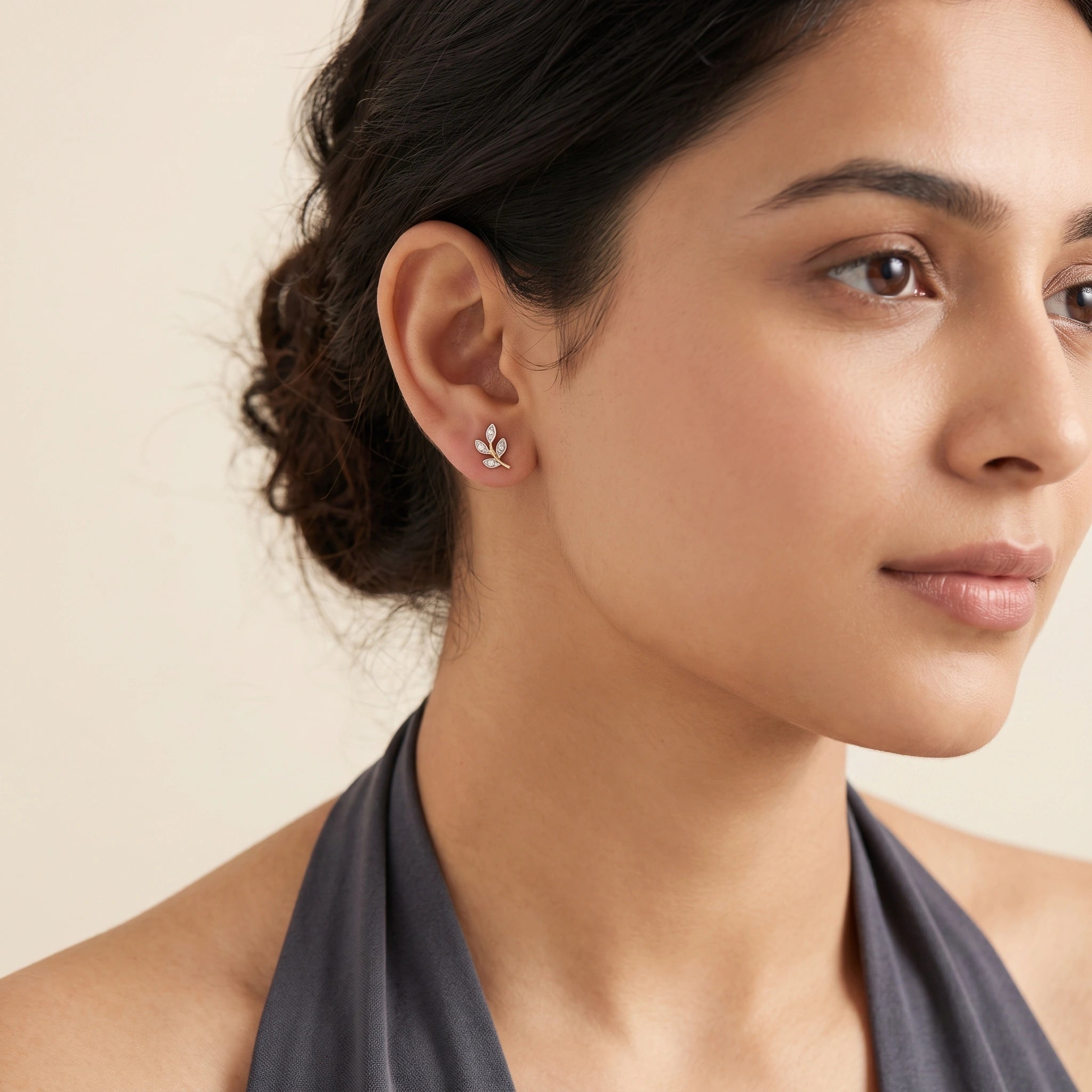 Gold Leaf Sprig Stud Earrings
