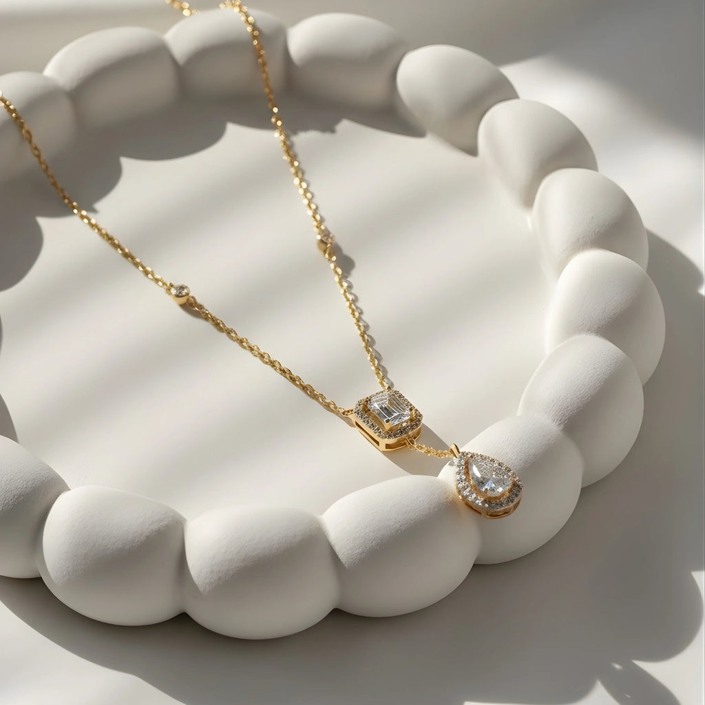 Emerald Drop Halo Y-Necklace in 18KT Gold Plated