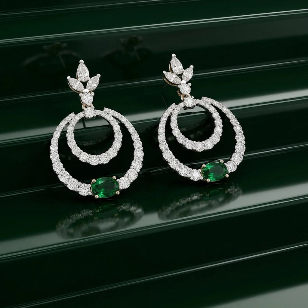 Silver Double Halo Emerald Drop Earrings