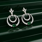 Silver Double Halo Emerald Drop Earrings