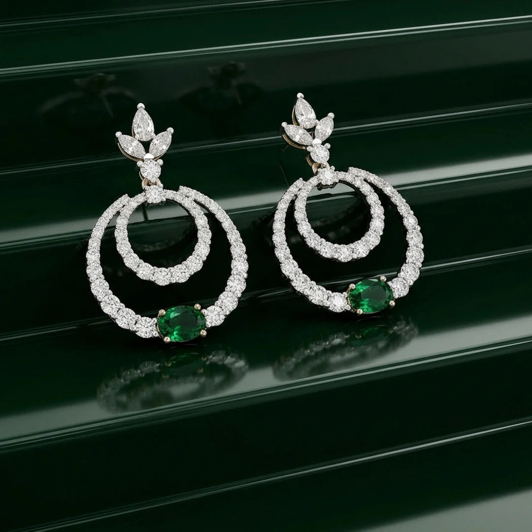 Silver Double Halo Emerald Drop Earrings