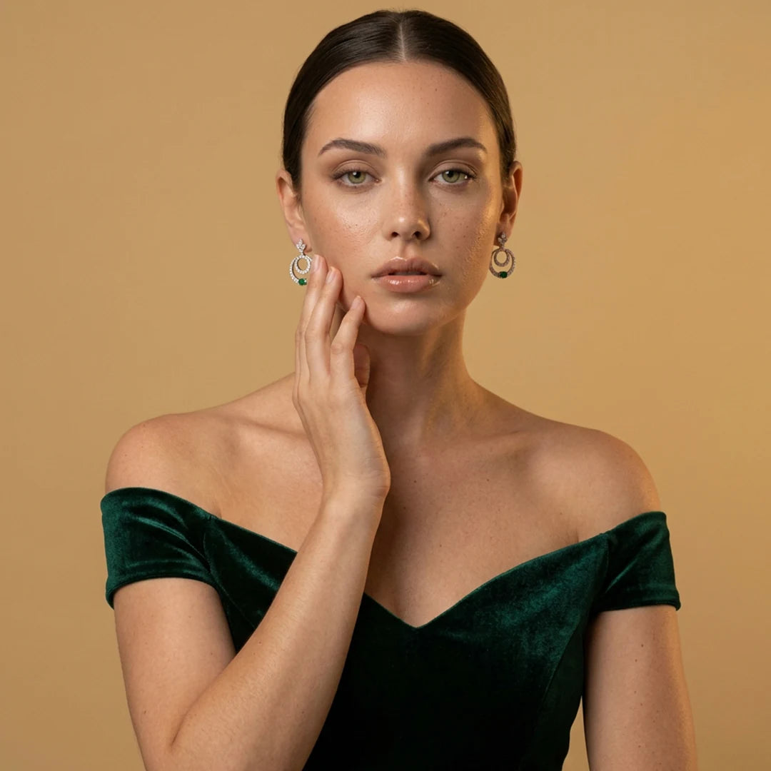 Silver Double Halo Emerald Drop Earrings