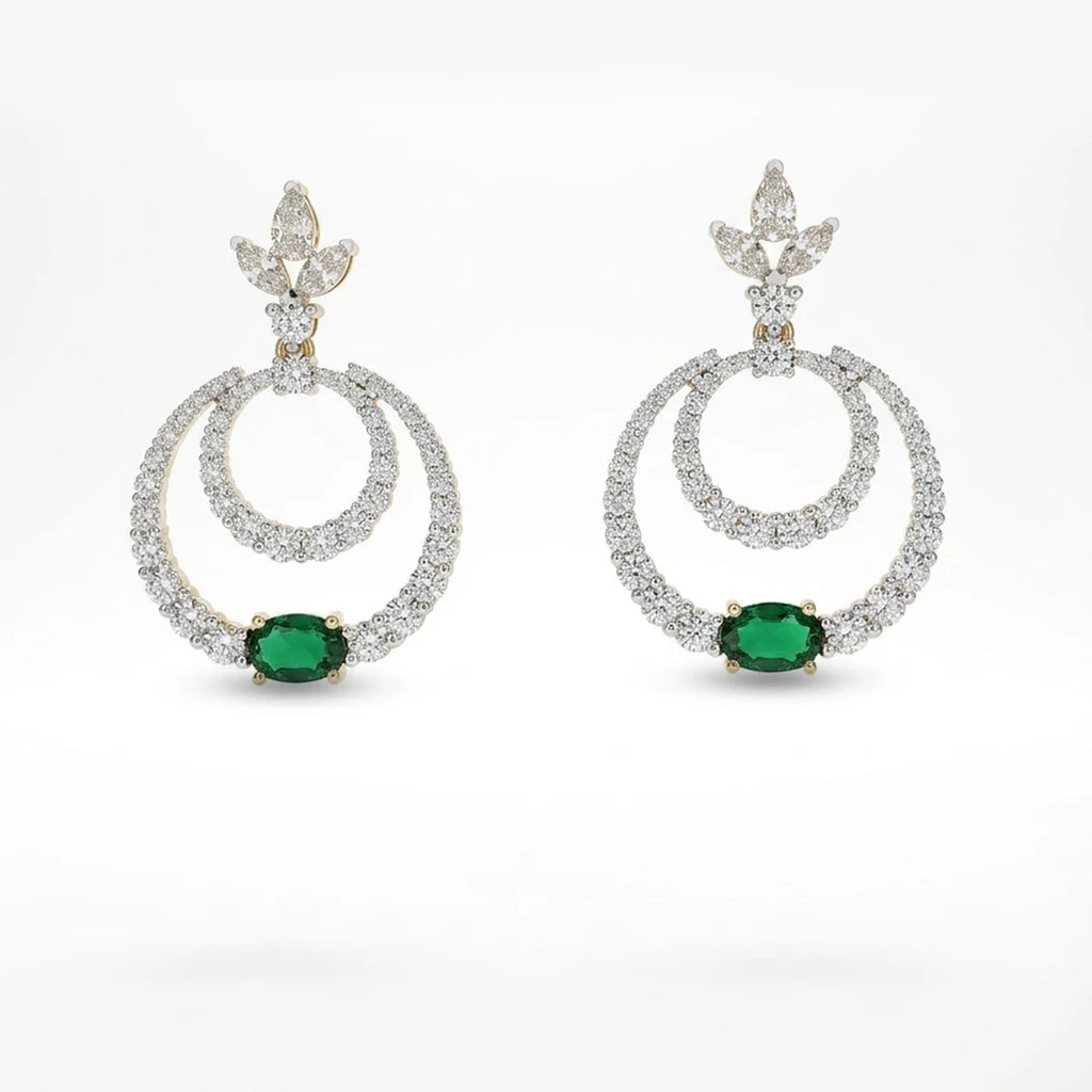 Silver Double Halo Emerald Drop Earrings