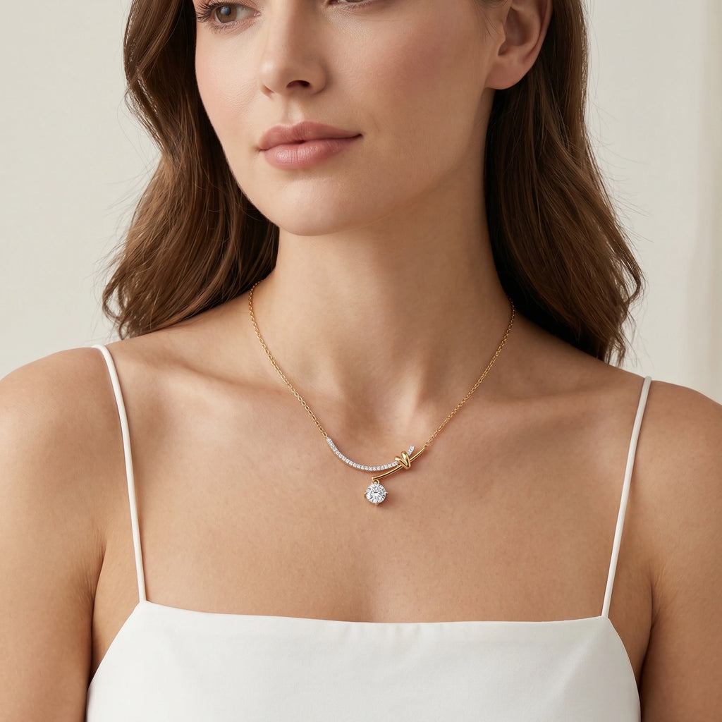 Gold Curved Solitaire Drop Pendant