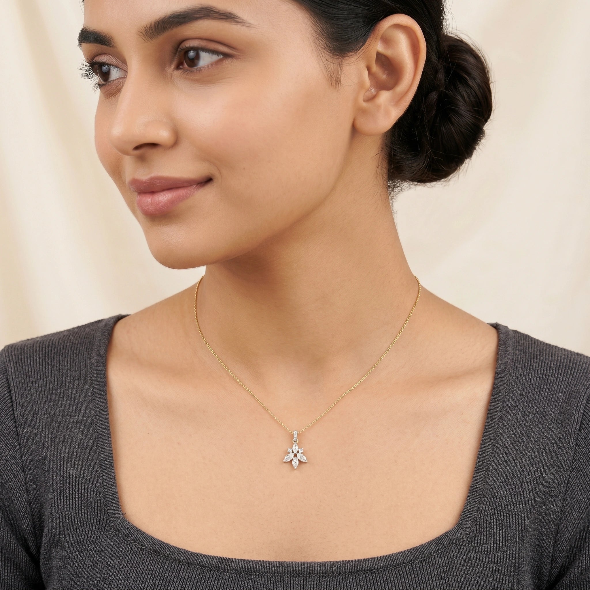 Gold Floral Marquise CZ Drop Pendant