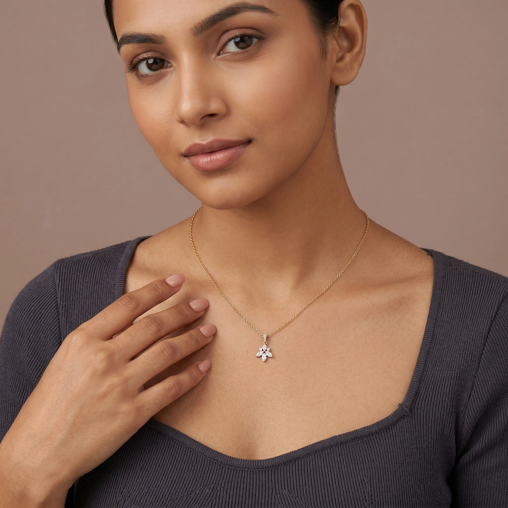 Gold Floral Marquise CZ Drop Pendant