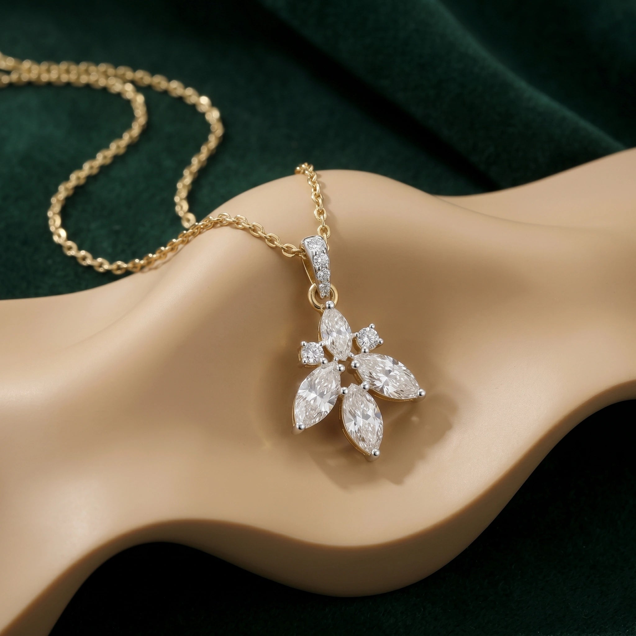 Gold Floral Marquise CZ Drop Pendant