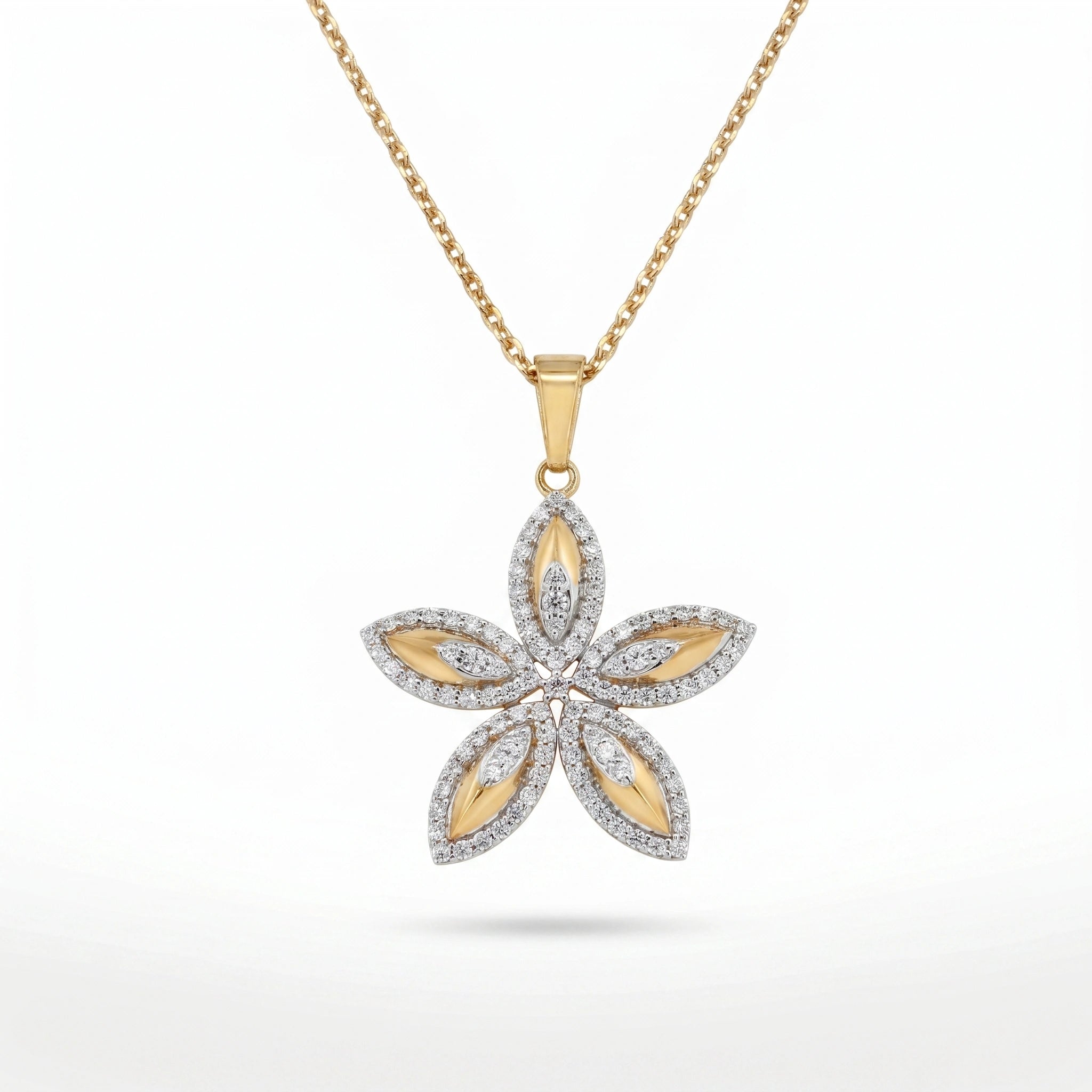 Gold Five Petal CZ Floral Pendant