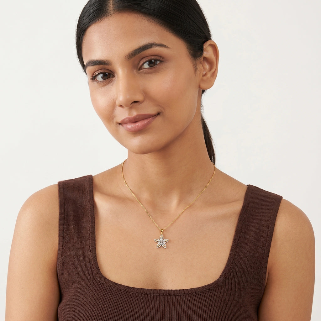 Gold Five Petal CZ Floral Pendant