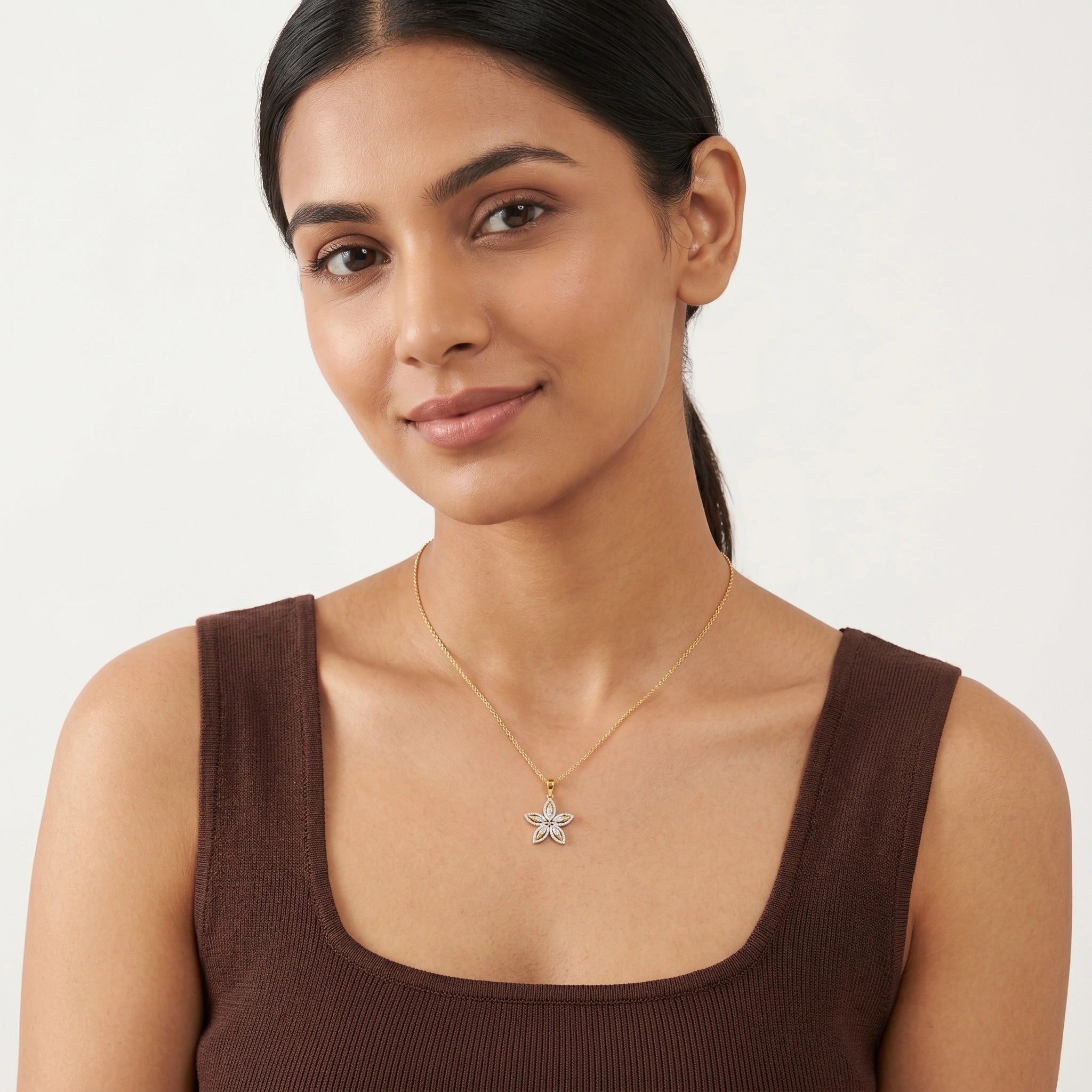 Gold Five Petal CZ Floral Pendant