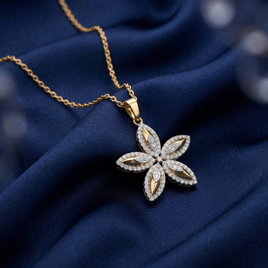 Gold Five Petal CZ Floral Pendant