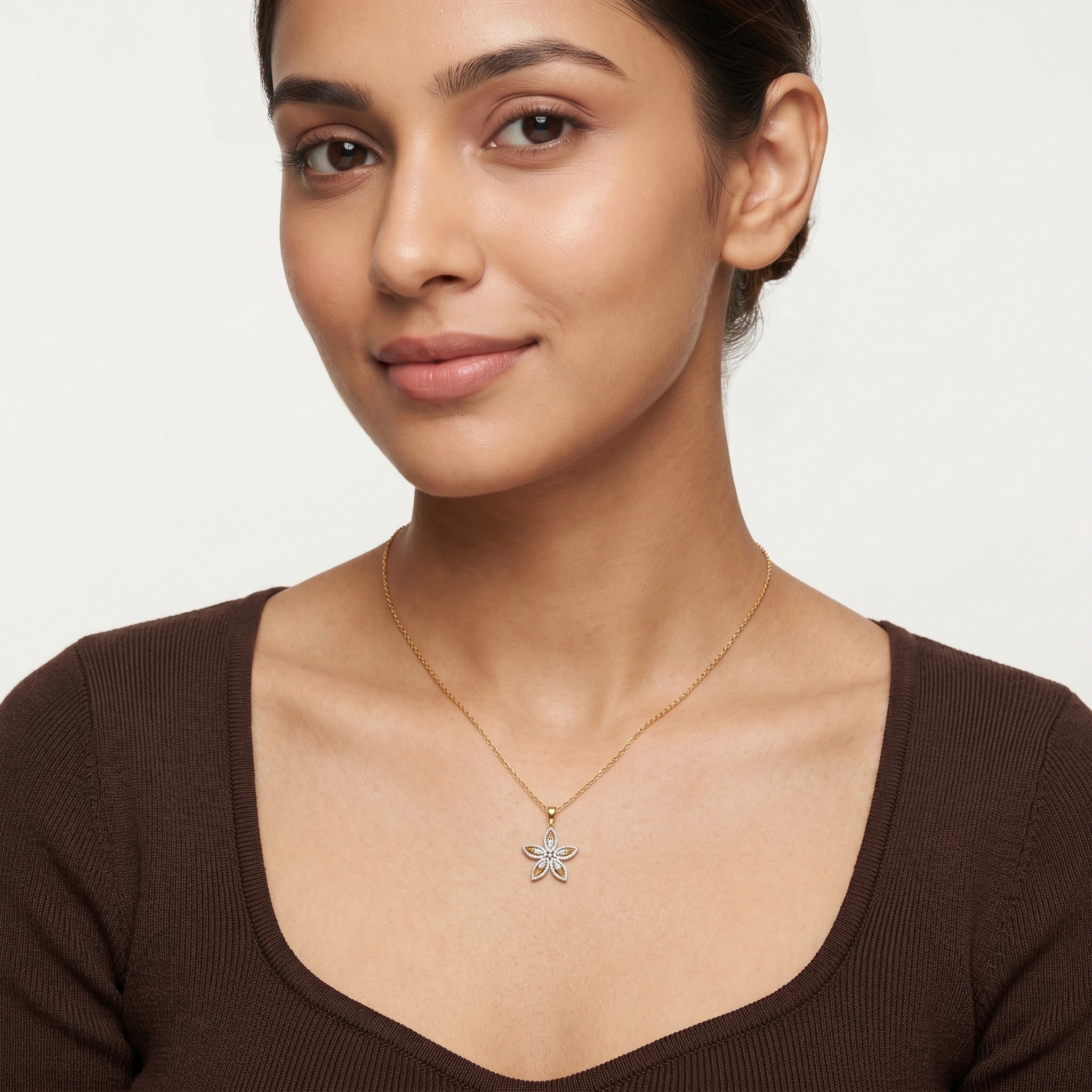 Gold Five Petal CZ Floral Pendant