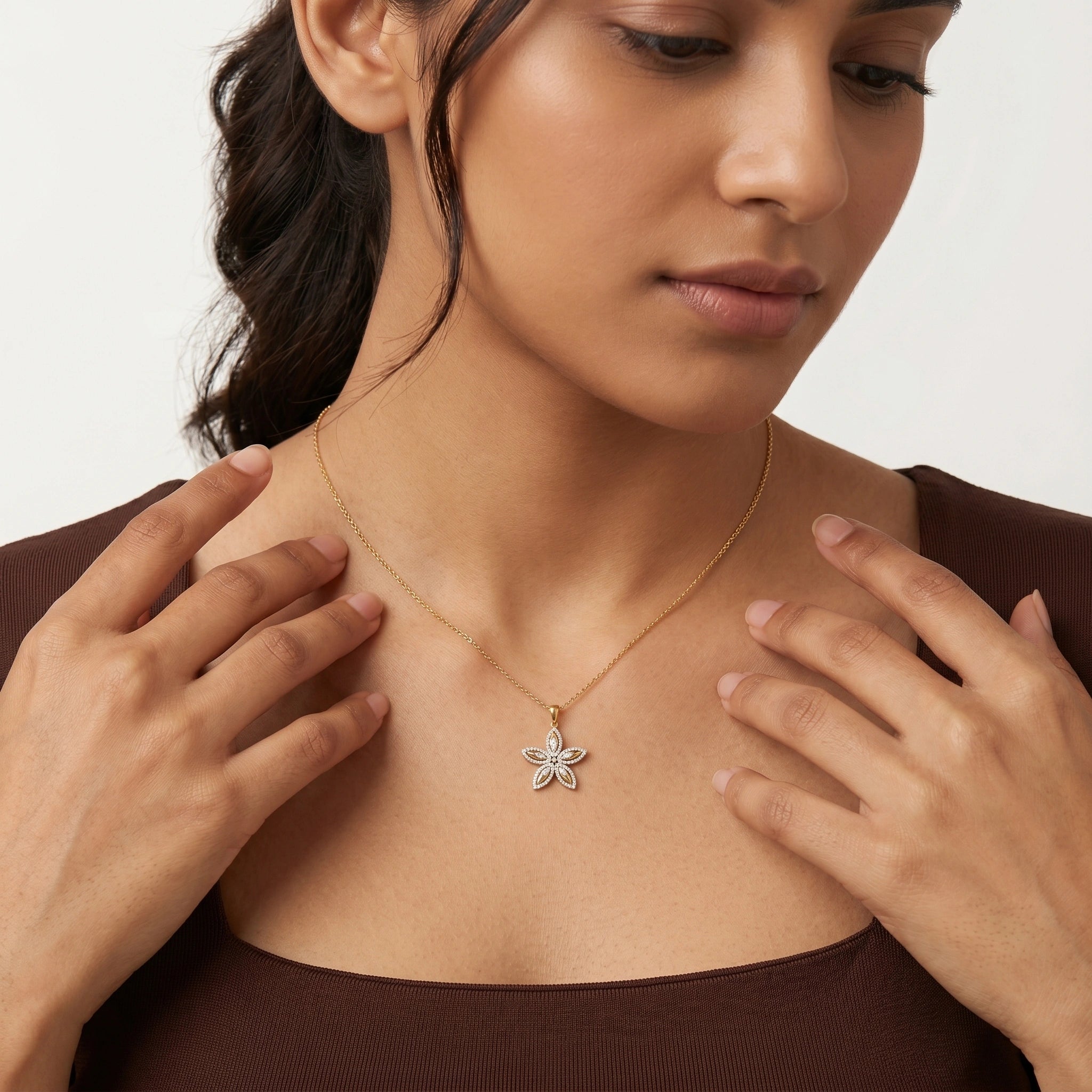 Gold Five Petal CZ Floral Pendant