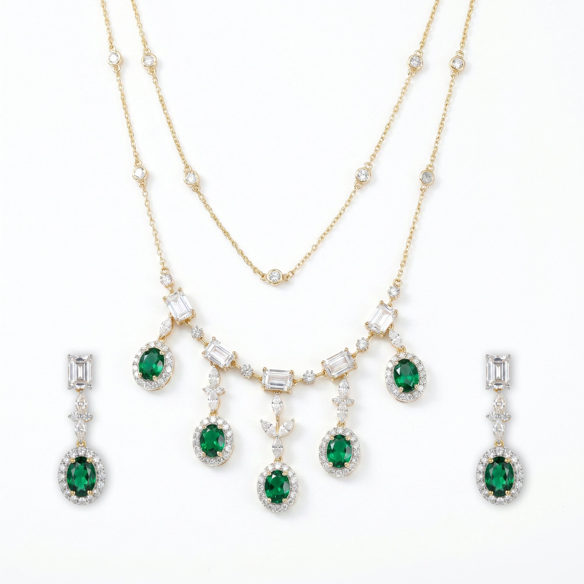 Gold Emerald Halo Necklace Set