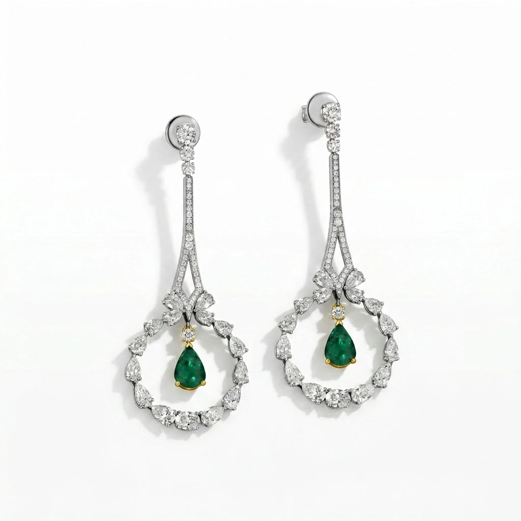 Silver Emerald Halo Drop Earrings